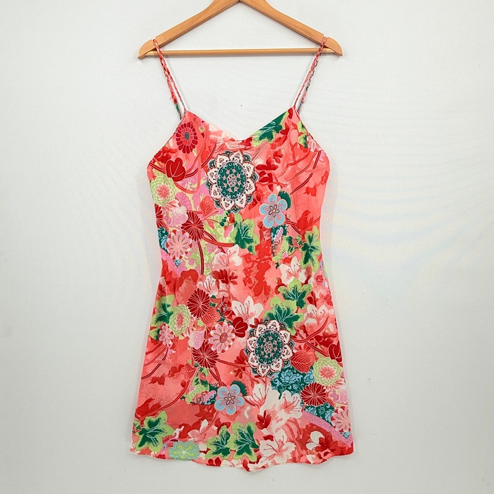 Natori Slip Dress Women Medium Coral Boho Floral Tropical Cottagecore Feminine
